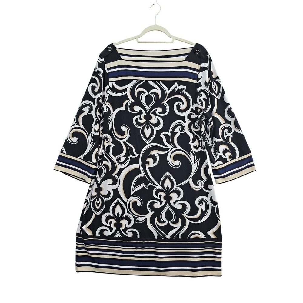 White House Black Market Dress Women XL Black Scroll Stripe Boatneck Shift NWT